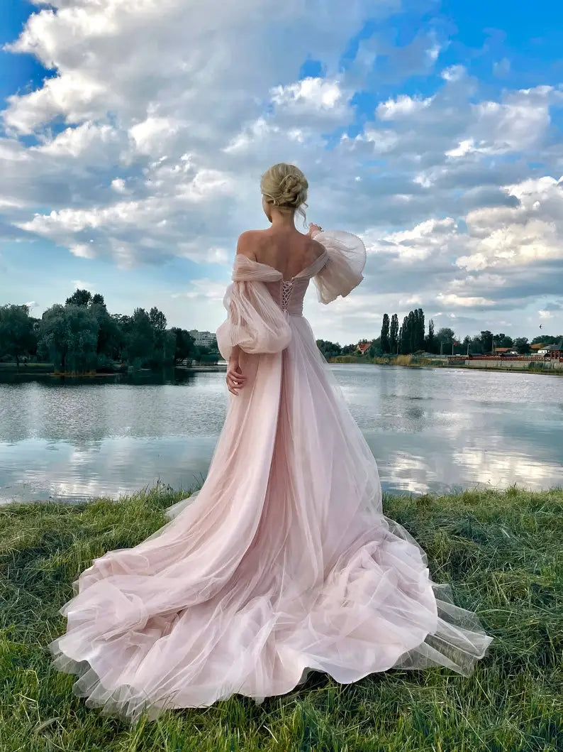 The Pink Petal Promenade Gown | Off-The-Shoulder Puff Sleeve Prom Dress | Lace-Up Satin Tea-Length Gown | Parisian Princess