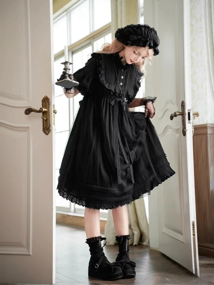 The Midnight Muse Gown | Classical Gothic Lolita Summer Dress | Darkly Retro Puff Sleeve A-Line Midi | Parisian Princess