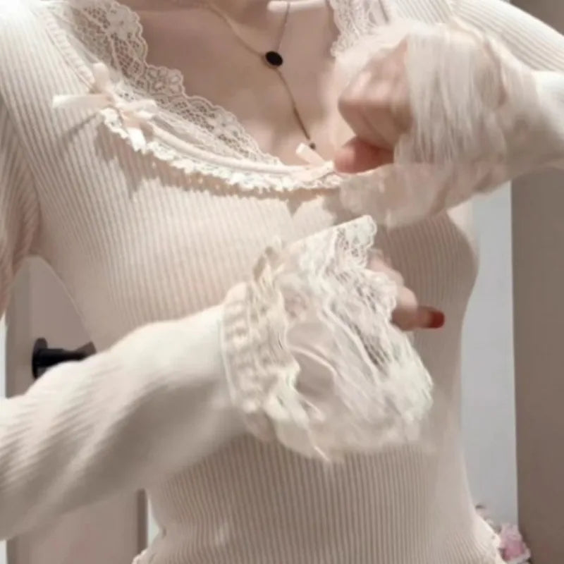 The Trianon Lace Plaid Tee | French Long Sleeve Bow Top | Slim Spring Knitted Blouse | Parisian Princess