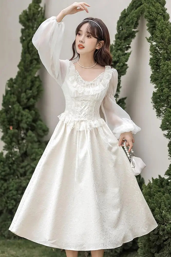 Romantic Lady Fairycore Dresses Vintage Victorian Style Lace Jacquard Lantern Sleeve Lolita Princess Dresses Vestido Festa