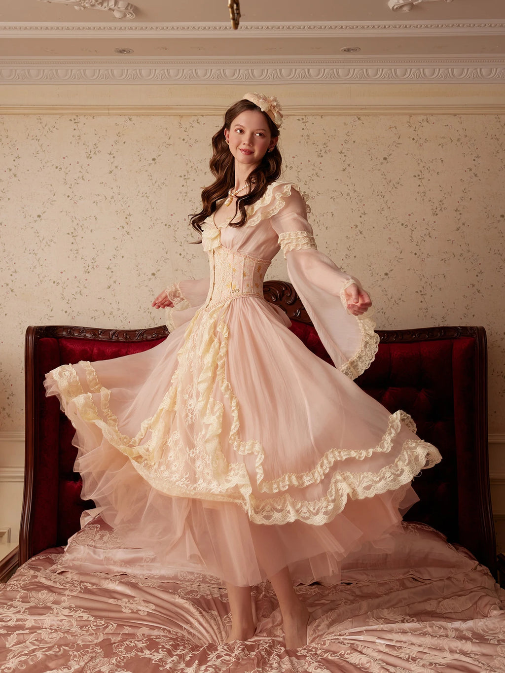 The Parisian Pink Bell Sleeve Gown | Courtly Retro French Lace Dress | Fairy-Tale A-Line Spring Maxi | Parisian Princess