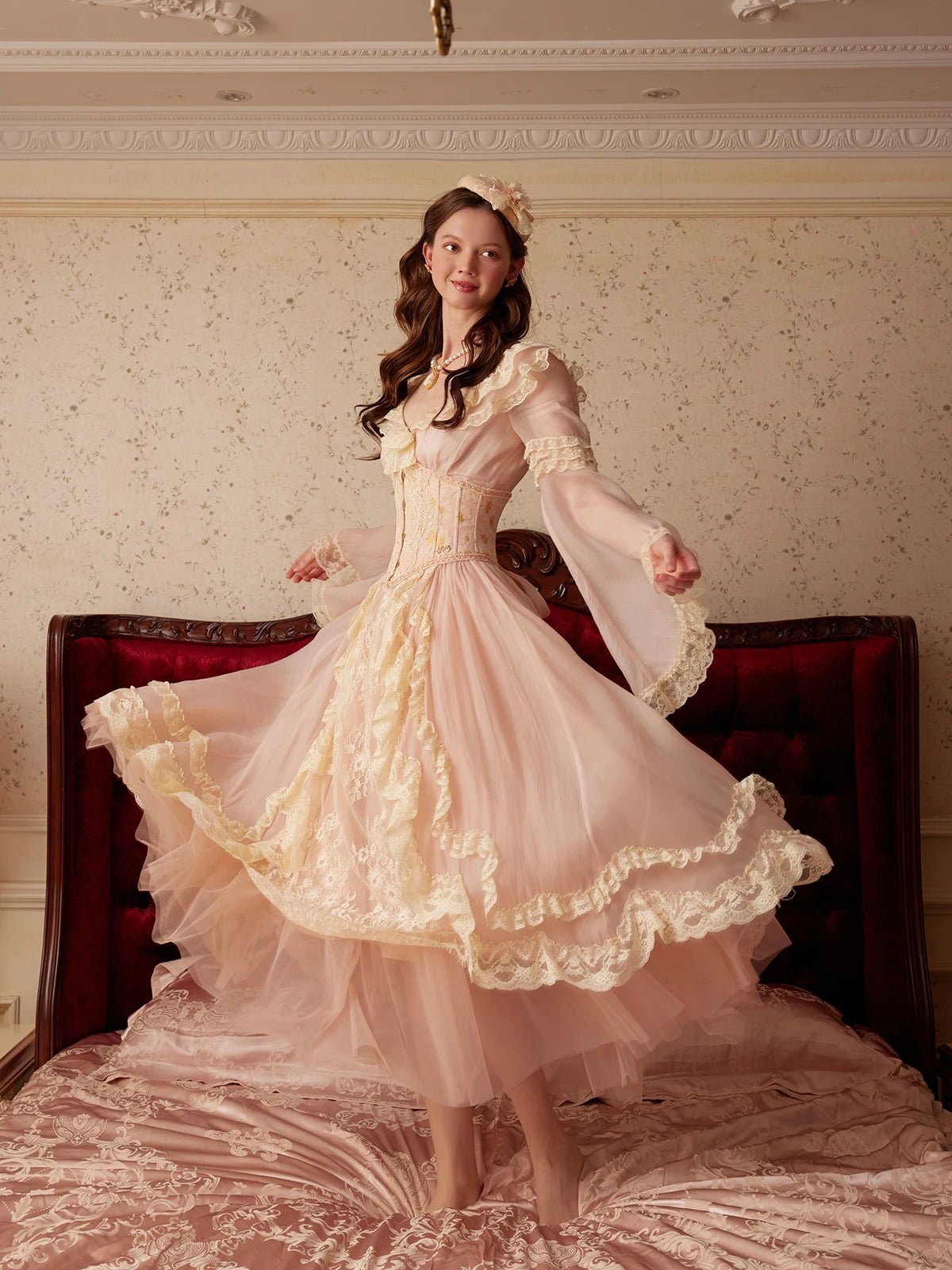 The Parisian Pink Bell Sleeve Gown | Courtly Retro French Lace Dress | Fairy-Tale A-Line Spring Maxi | Parisian Princess