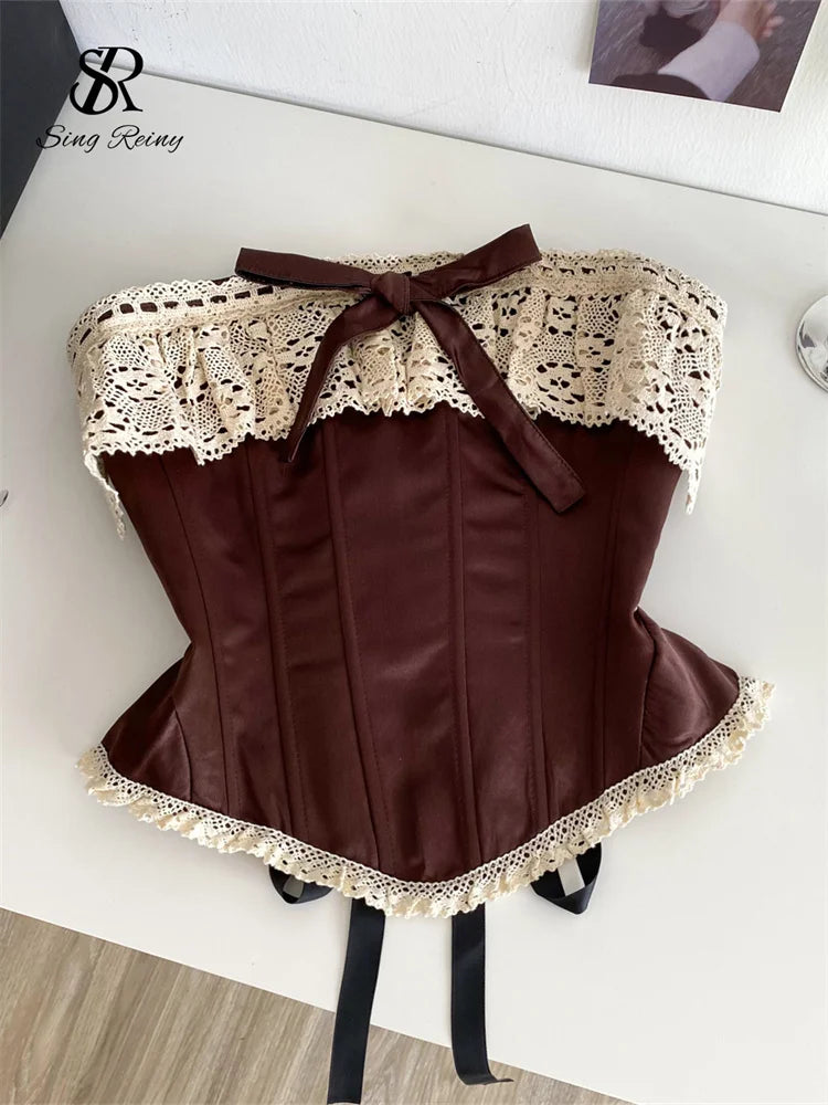 SINGREINY Sexy Vintage Strapless Tops Sleeveless Bow Lace Spliced Backless Bandage Camis 2025 Ladies Slim Sexy Streetwear Corset