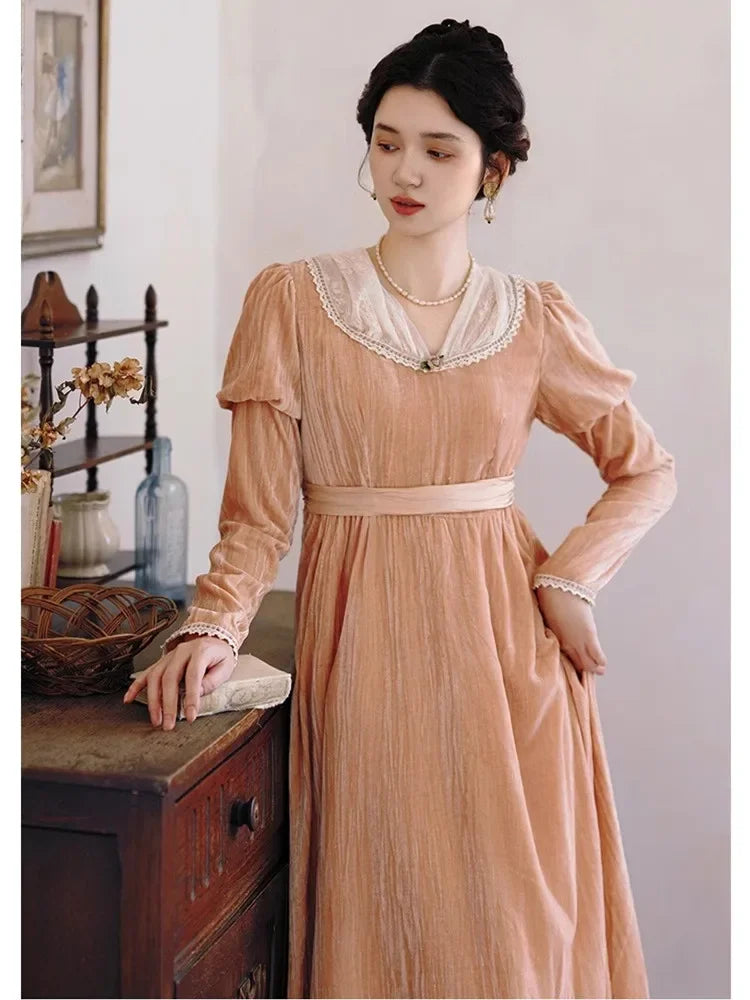 The Imperial Rose Velvet Gown | Pink V-Neck Long Sleeve Maxi | Vintage Empire Waist Lace Dress | Parisian Princess
