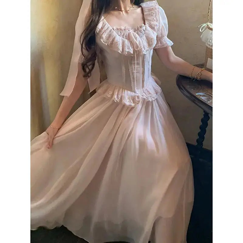 Timeless Signature Parisian Blush Pink Lace Dress French Couture Puff Sleeve Sweet Elegant Max