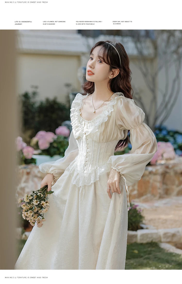 The Ethereal Princess Tatting Gown | Fairycore Lace Midi | French Square Neck Princess Sleeve Vestido | Parisian Princess