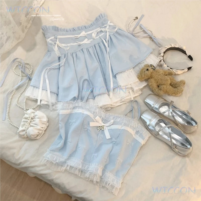 The Odette Ballet Bow Tie Set | Lace-Up High Waist Skirt & Strappy Top | Parisian Coquette Outfit