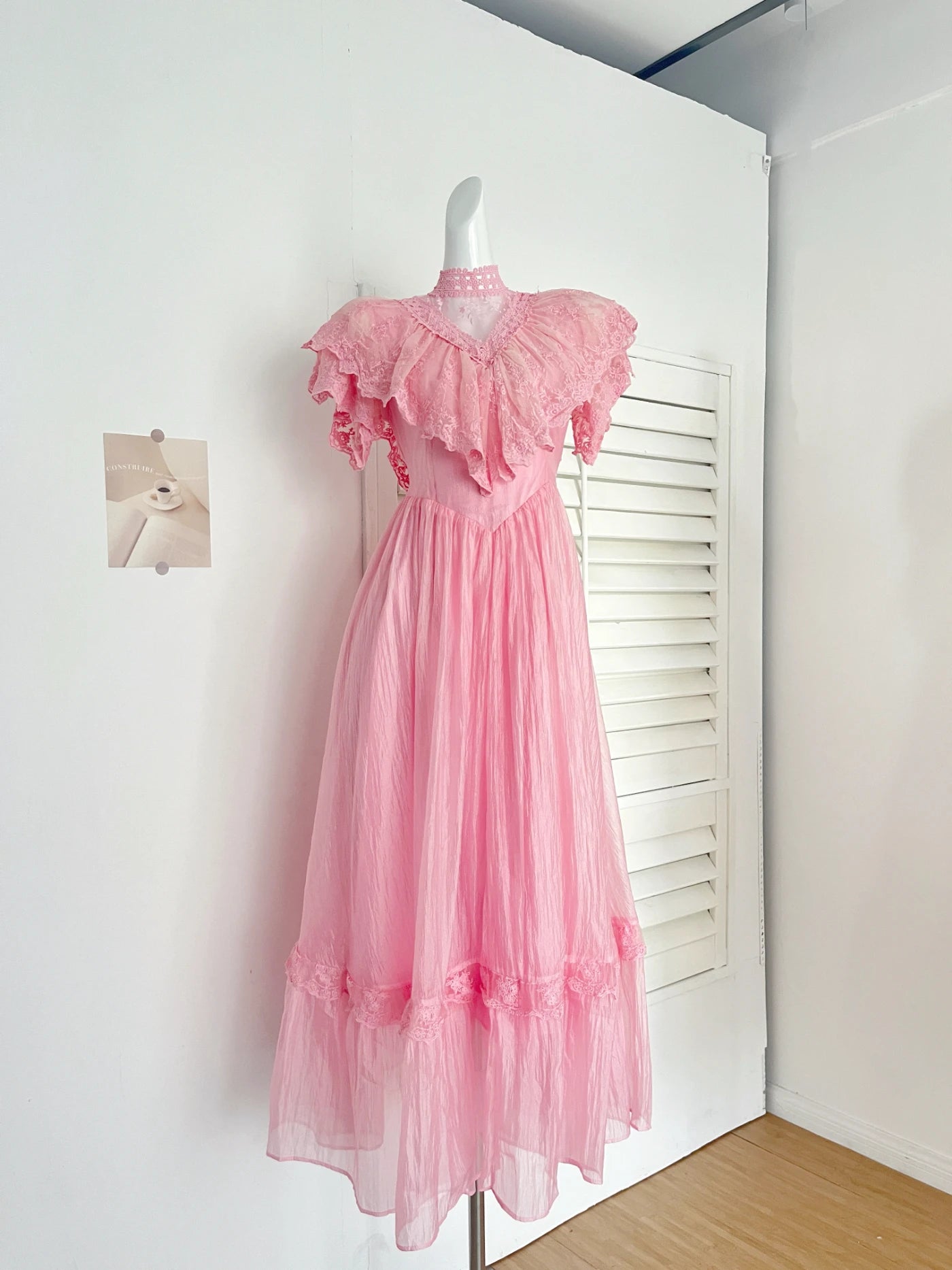 The Petal-Whisper Chiffon Gown: A Vintage Parisian Fairy Dress | Half-High Collar Lace Maxi