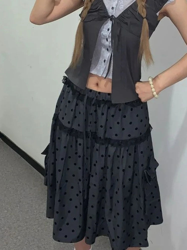 La Baronne Grey Polka Dot Midi | Vintage Pocket Skirt | French Retro Mid-Calf Skirt | Parisian Princess