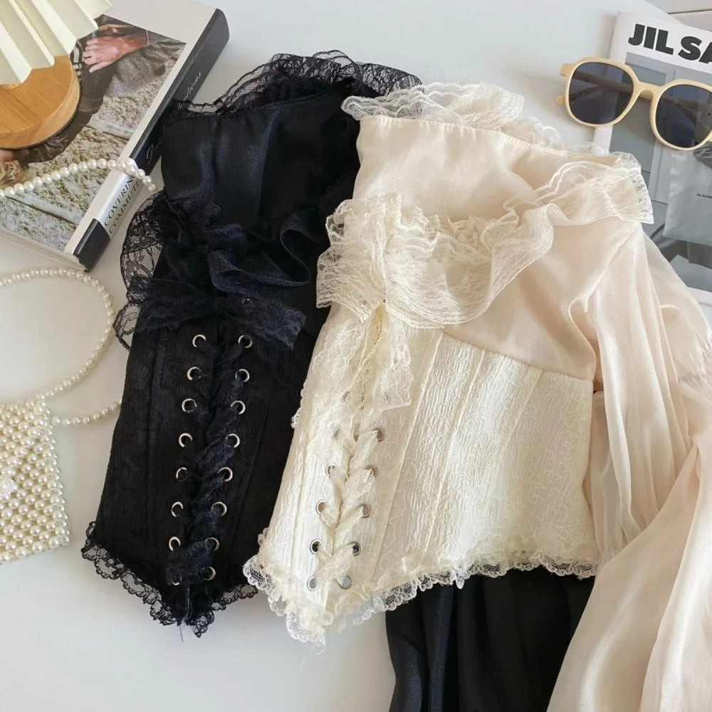 The Vivienne Lace Manteau | Parisian Ruffled Chiffon Blouse | French Mesh Patchwork Top | Lantern Sleeve Coquette Shirt