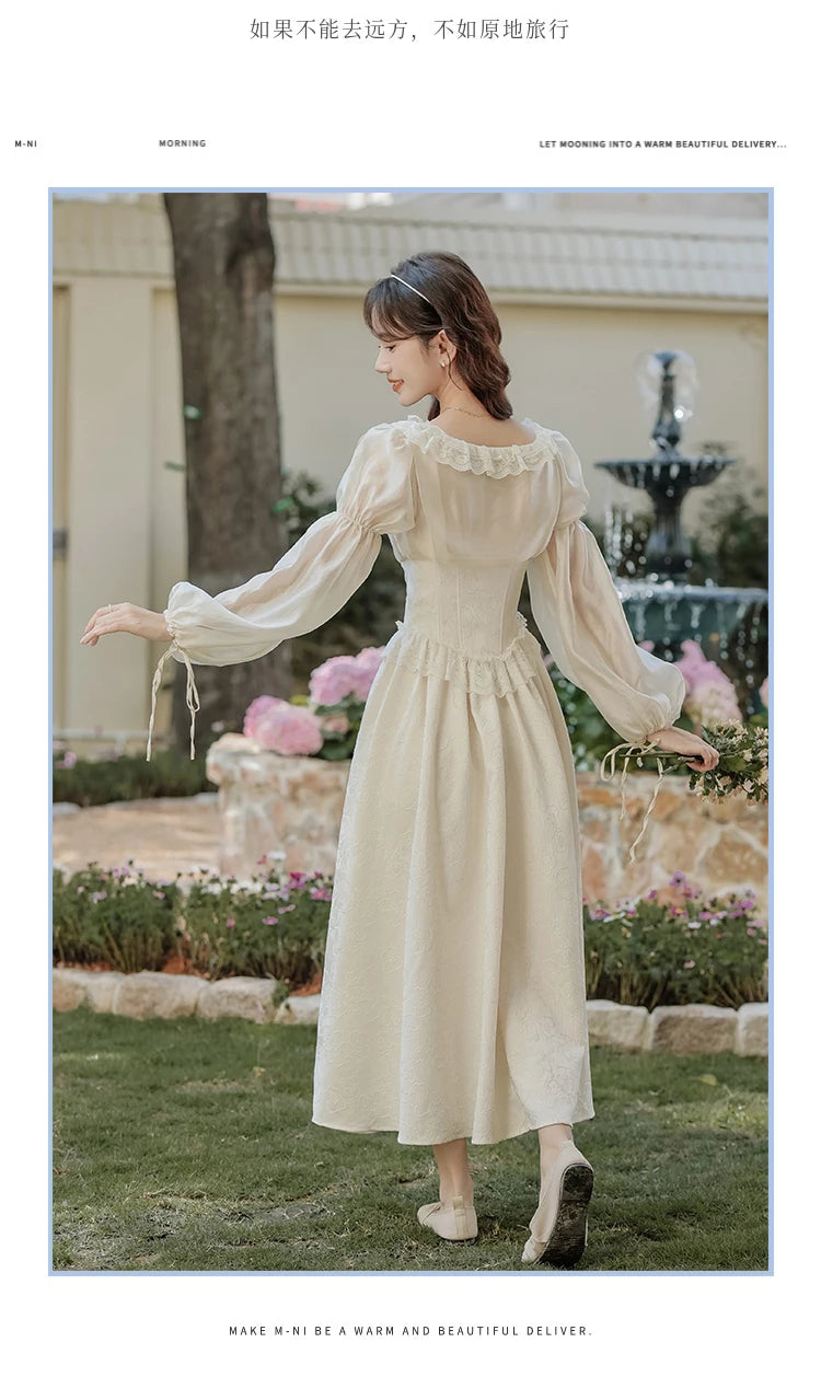 The Ethereal Princess Tatting Gown | Fairycore Lace Midi | French Square Neck Princess Sleeve Vestido | Parisian Princess