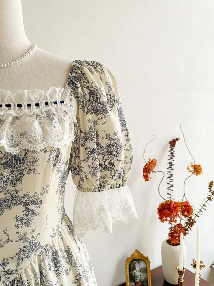 Parisian Botanical Print Long Dress Woman Square Neck Lace Short Puff Sleeves Slim Party Dresses French Cute Birthday Dress