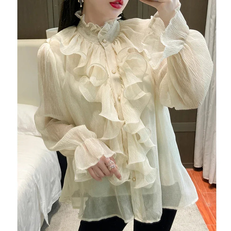 The Versailles Ruffled Chiffon Blouse | Stand Collar Lace Puff Sleeve | French Vintage Shirt | Parisian Princess