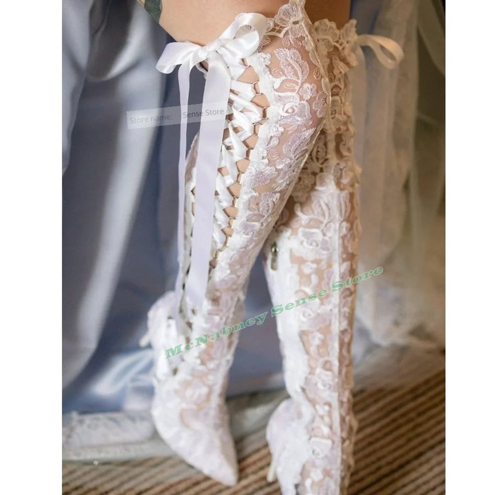 Le Queen Lace Lace-Up Mesh Stiletto | Hollow Pointed Toe Knee-High Boot | Summer Party Heels | Parisian Princess