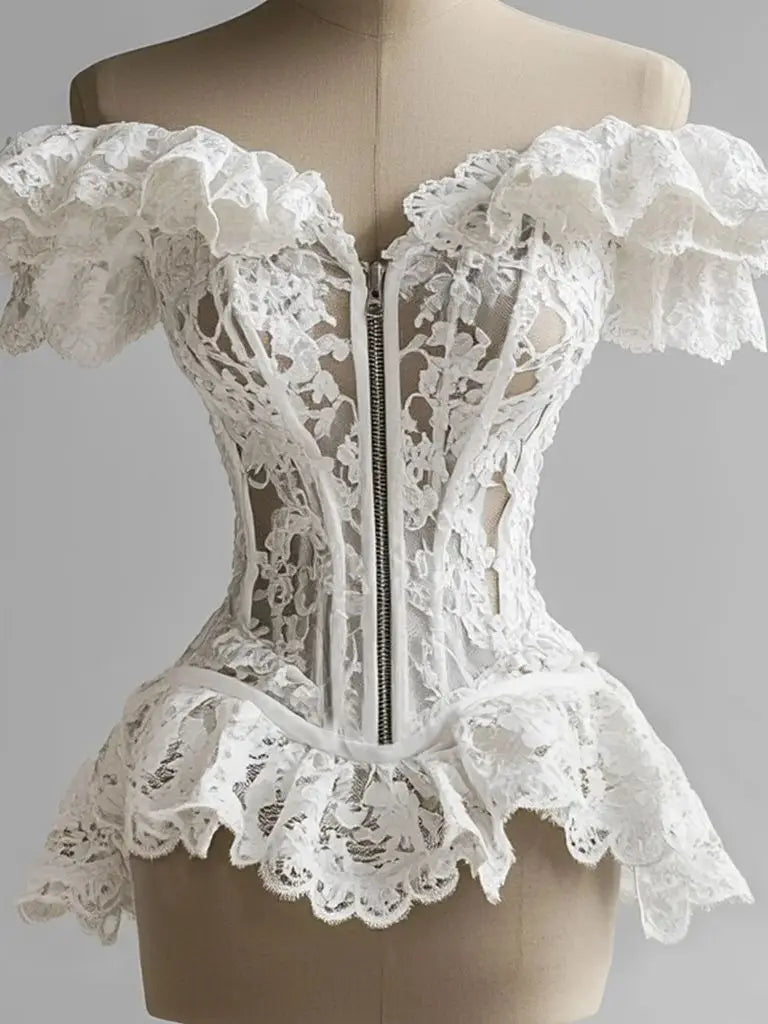 French Corset Blouse Lace Ruffle Off Shoulder Zip Up Tube Tops Bustier Overbust Women Waist Slimming Strapless Tube Top