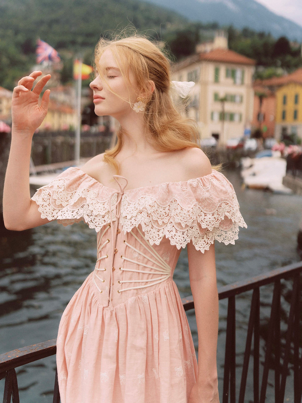 80-102cmSummer Pink Birthday Party Long Dress Women Vintage ElegantSlim Sexy Boat Neck Hollow Out Embroidery Lace Fishbone Dress