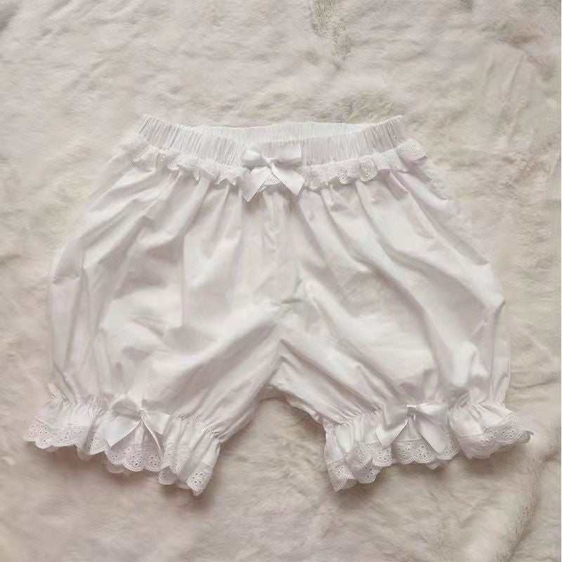French Sweet Lolita Safety Short Pants Women Parisian Ruffleds Knickers Cotton Elastic Waist Victorian Bow Shorts Cute Bloomers