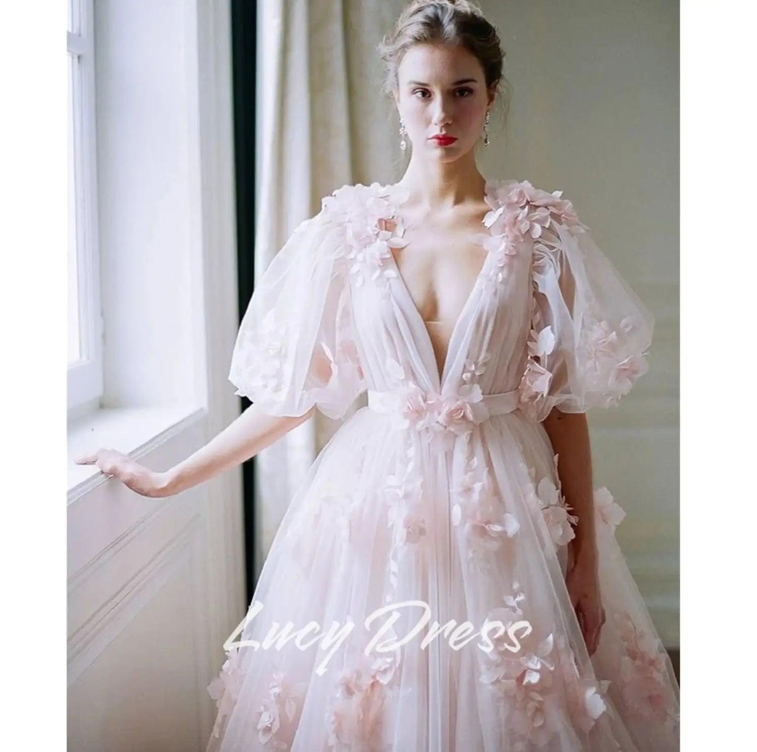 The Duchess Luxury Tulle Gown | V-Neck Court Train Prom Dress | Floral Fabric Birthday Maxi | Parisian Princess
