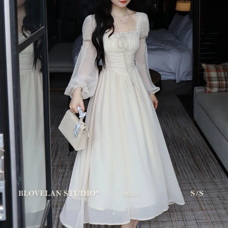 Sweet Sexy Chiffon Dress Women Fashion Slim Elegant French Dress Breathable Long Sleeve Beach Hoiliday Party Vestidos