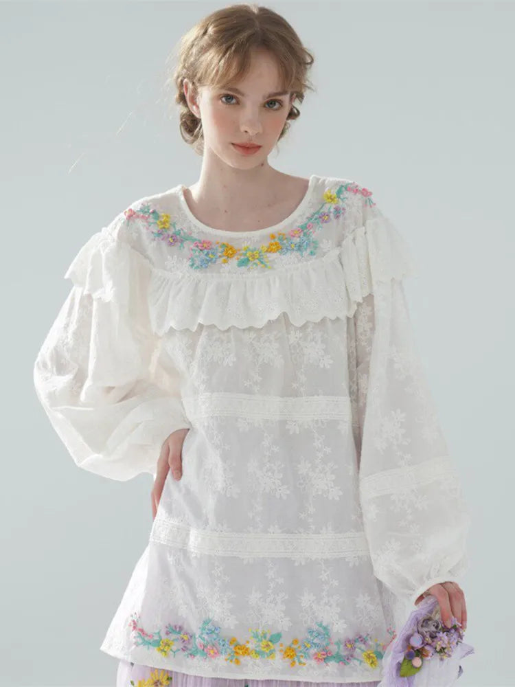 The Summer Floral Breeze Blouse | 100% Cotton Oversized White Top | Handmade 3D Embroidered Loose Lace Top | Parisian Princess
