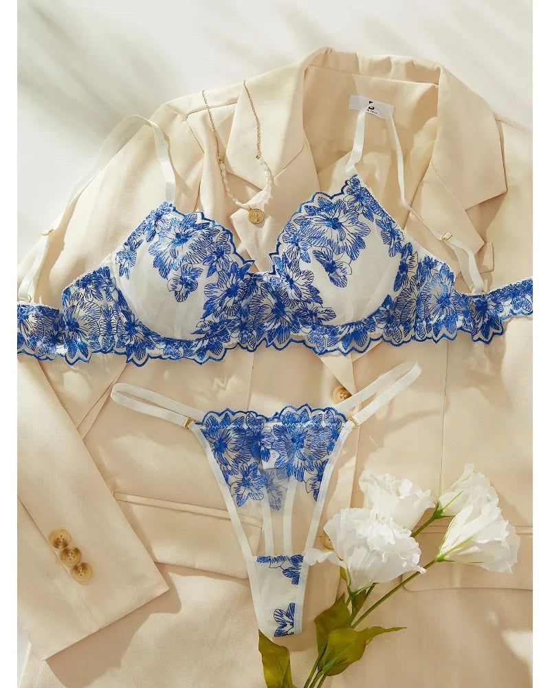 Parisian Blue Lingerie Set Blue Sexy Comfortable Lingerie Set For Women Simple Sexy Perspective Lace Pure Lingerie Suit