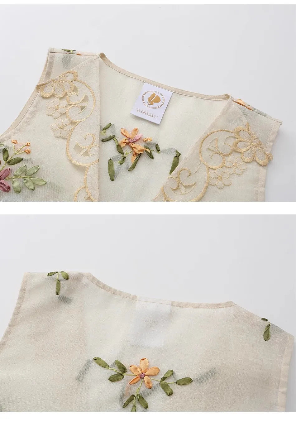 The Antoinette Tassel Embroidery Vest | French Antique Floral Cotton Gilet | Open-Stitch V-Neck | Parisian Princess