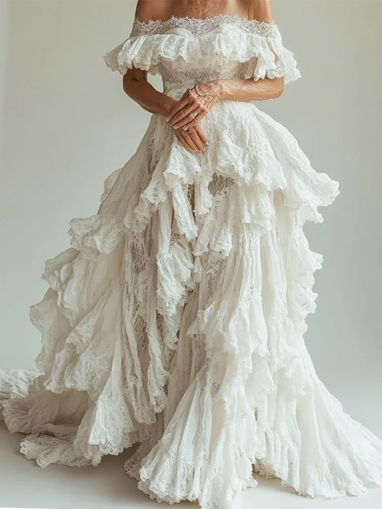 The Fontainebleau Tiered Lace Gown | Off-Shoulder Beaded Wedding Dress | Strapless A-Line Bridal | Parisian Princess