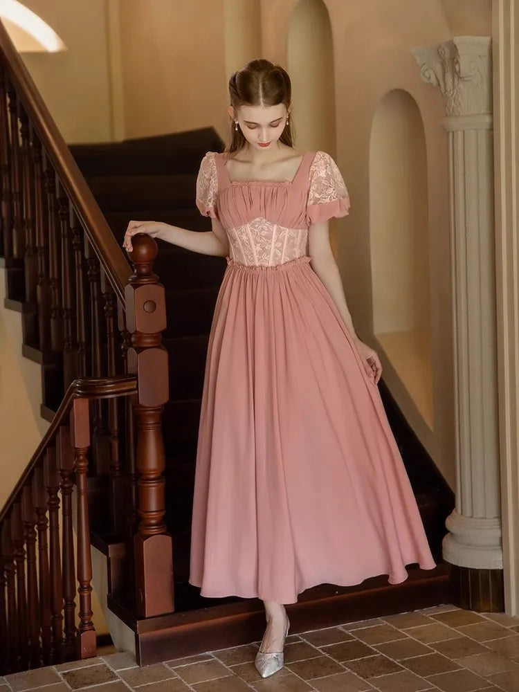 84-94cm Bust Summer Pink Maxi Dresses For Women Vintage Elegant Slim Square Neck Lace Short Sleeve Holiday Fishbone Long Dress