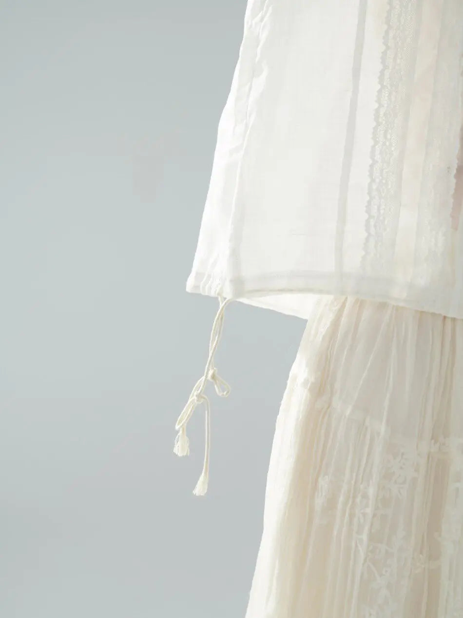 The Palais Rose Ramie Blouse | 100% Ramie Thin White Blouse | French Vintage Handmade 3D Rose Embroidered O-Neck Loose Top | Parisian Princess