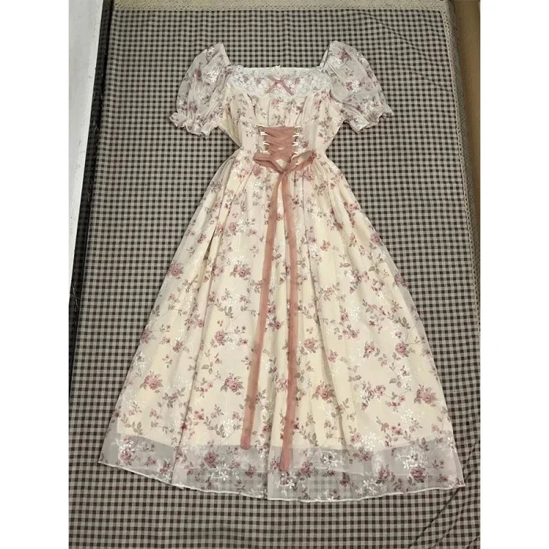 French Sweet Gentle Floral Print Dress Women's Student Summer New Belt Waist Slim Long Skirt Bubble Sleeve Short Sleeve Dress