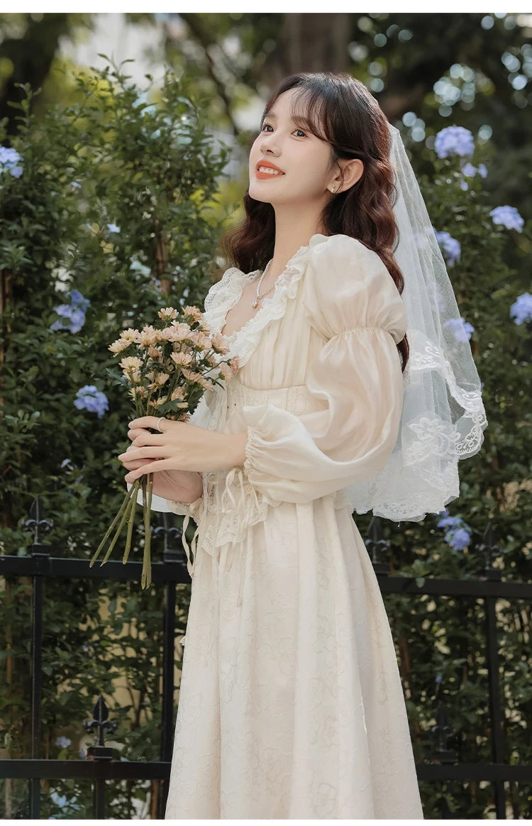 The Ethereal Princess Tatting Gown | Fairycore Lace Midi | French Square Neck Princess Sleeve Vestido | Parisian Princess