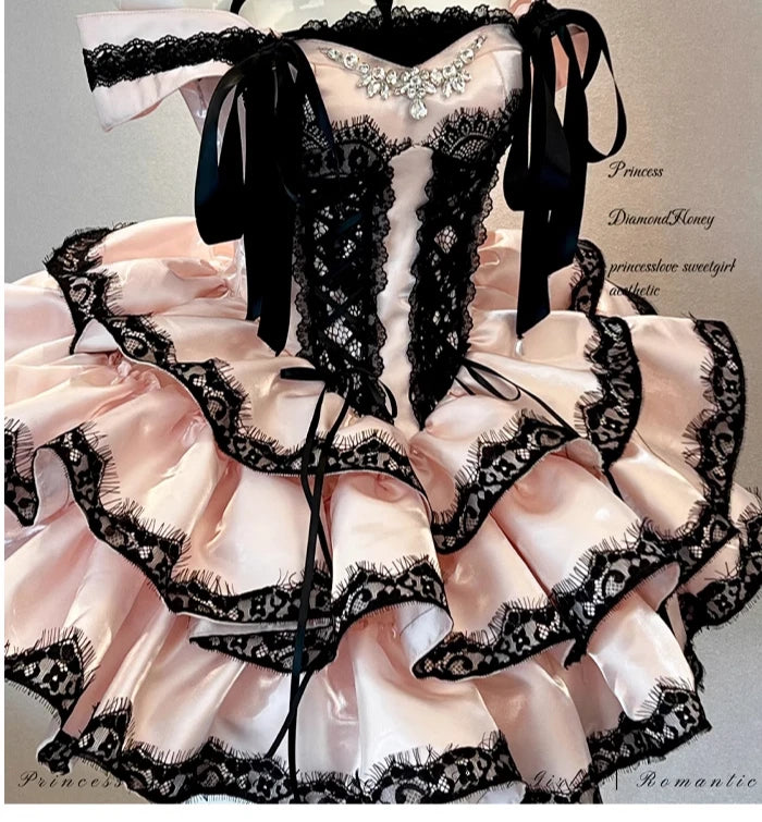 Princess Romantic Date Anniversary Wedding Party Pink Dress Girls Women's Sweet Lolita Halter Off-Shoulder Ball Gown Dresses