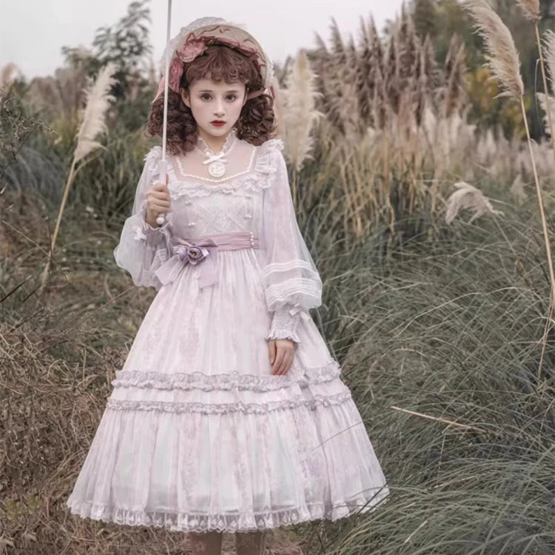 French Elegant Large Size Lolita Dresses Autumn Women's High Waist Slim Cla Princess Tea Party Long Sleeve Dress Vintage Dress