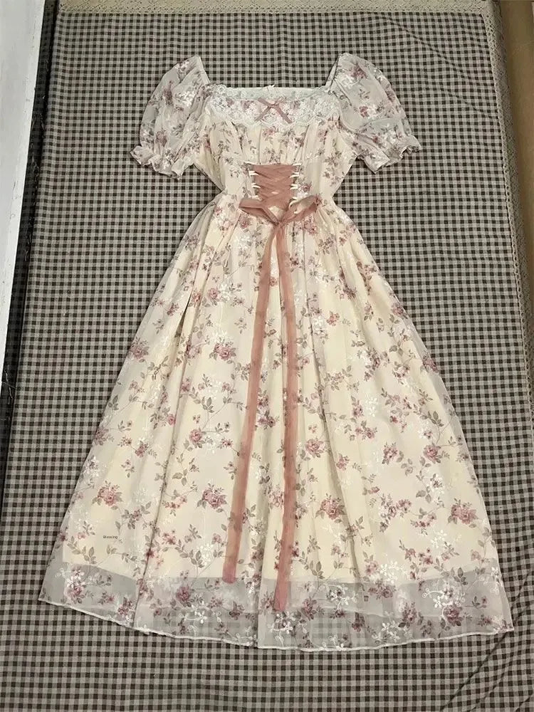 French Sweet Gentle Floral Print Dress Women's Student Summer New Belt Waist Slim Long Skirt Bubble Sleeve Short Sleeve Dress