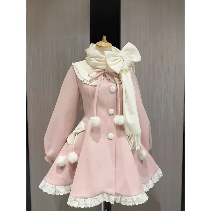 French Court Lolita Lace Patchwork Sweet Dress Coat Women Parisian Aesthetic Contrast Color Dresses Elegant Cute Party