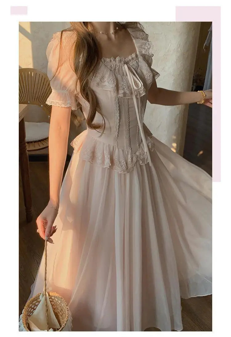 Timeless Signature Parisian Blush Pink Lace Dress French Couture Puff Sleeve Sweet Elegant Max