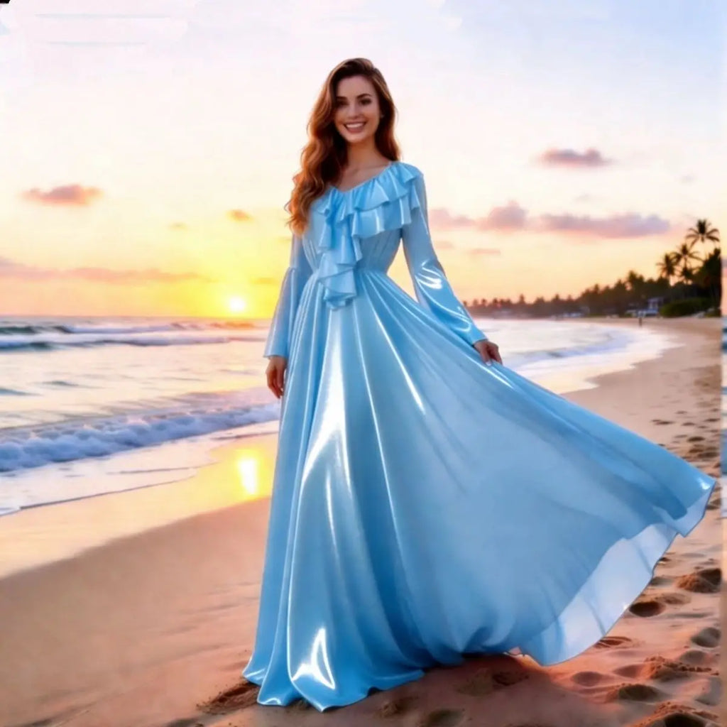The Petit Trianon Ice Silk Sleep Gown | Glossy Satin Ruffle Maxi | Butterfly Sleeve Nightdress | Parisian Princess
