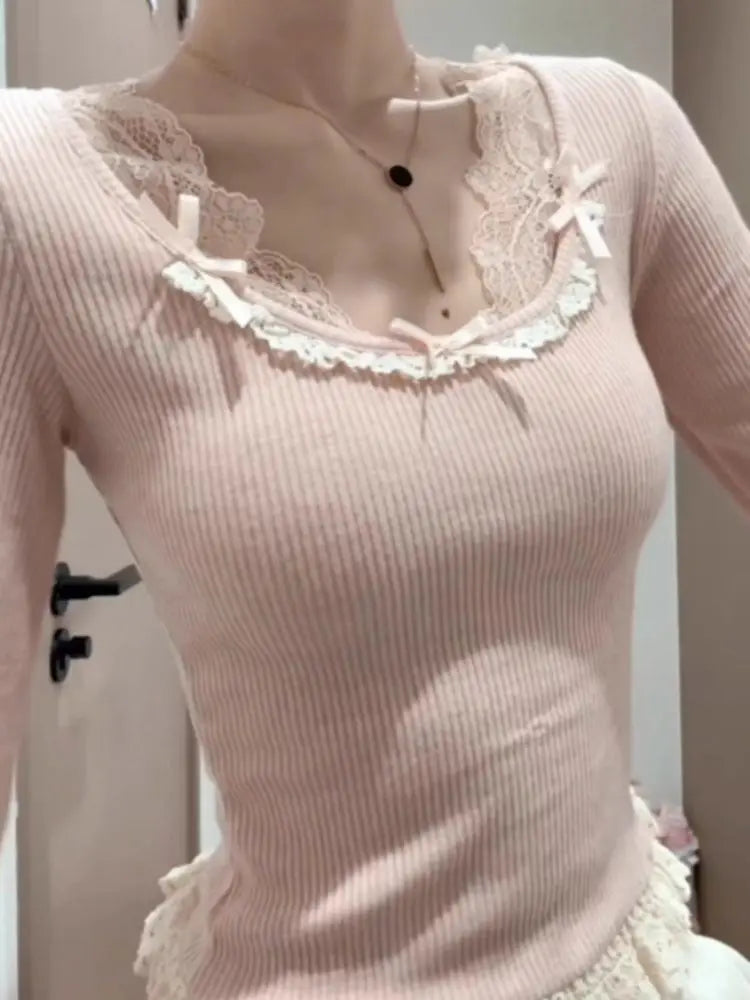 The Trianon Lace Plaid Tee | French Long Sleeve Bow Top | Slim Spring Knitted Blouse | Parisian Princess