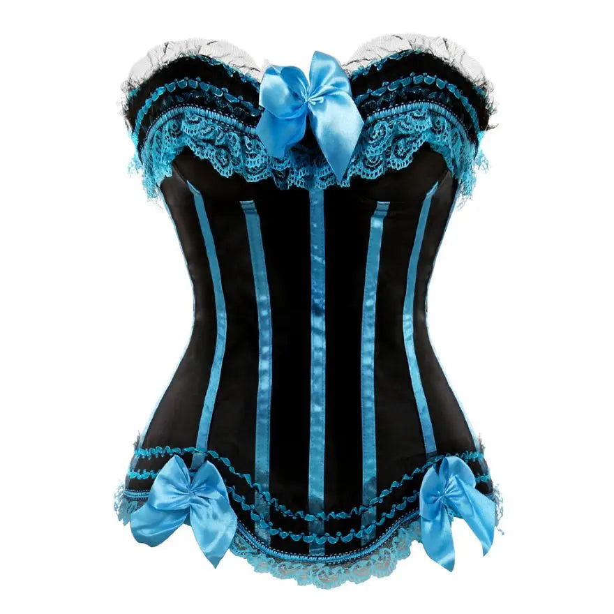 Sexy Lace Overbust Corset Top Women Vintage Satin Bow Bustier Lingerie With Zipper Plus Size Body Shaper Burlesque Corsets