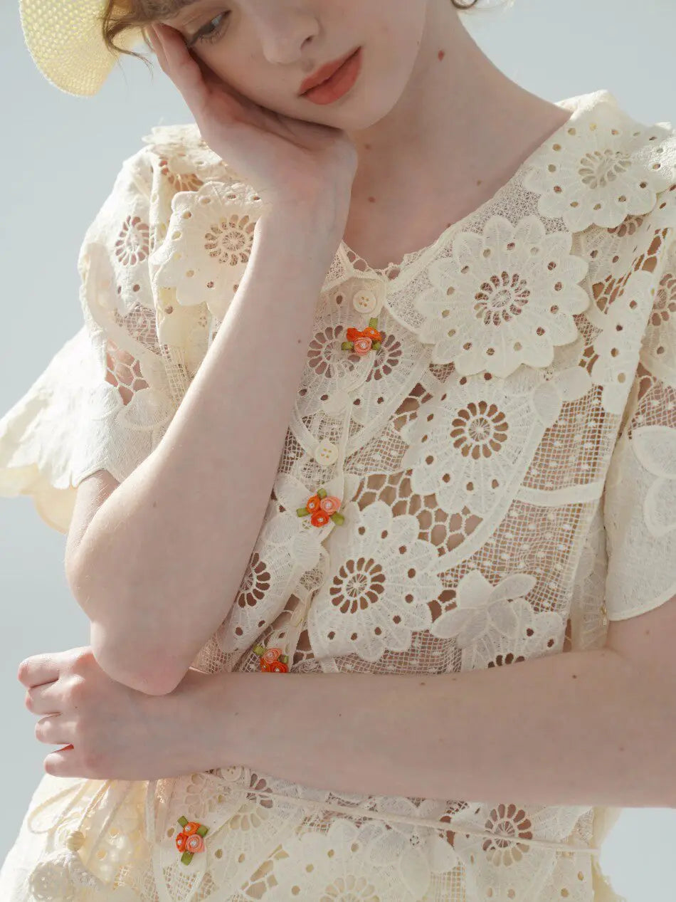 The Palais Cutwork Blouse | Summer Lace Shirt | Handmade 3D Floral All-Over Embroidered Turn-Down Collar Blouse | Parisian Princess