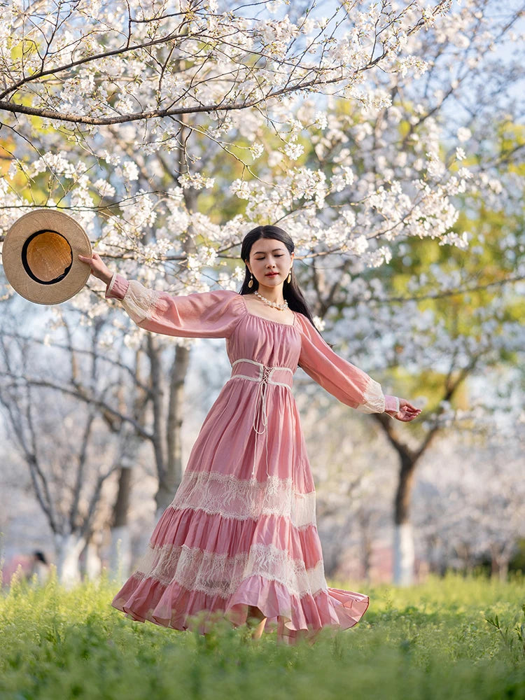 Parisian Long Maxi Women Ladies Dress Full Lantern Sleeve Pink Lace Patchwork 2025 New S-XL Spring Autumn Summer Square Collar