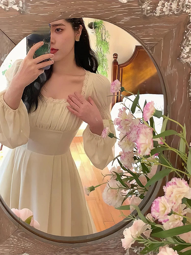 French Elegant Solid Midi Dress Woman Long Sleeve Fairy Party Dresses Casual One Piece Dress Korean Female Fashion