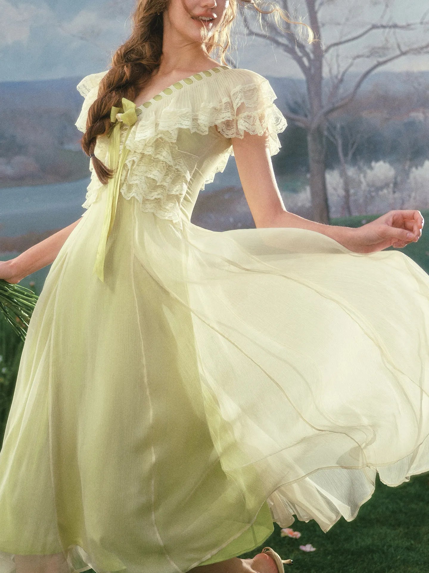 The Spring Meadow Butterfly Lace Gown | French Pastoral V-Neck Midi | Empire Waist Princess Dress | Parisian Princess