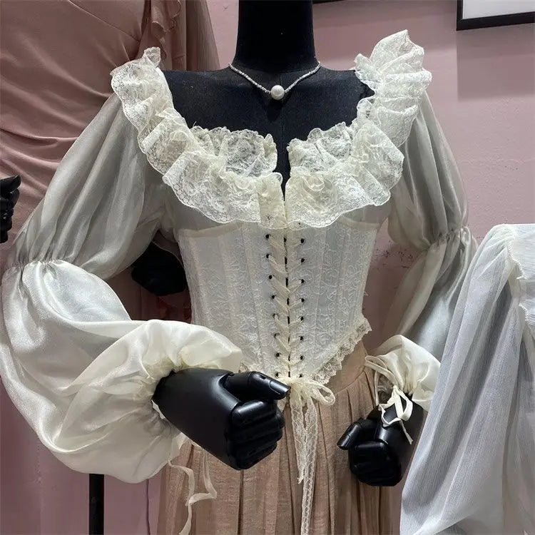 ParisianLace Strap Shirt Women Fashion Print Splice Temperament Gentle Sweet Solid Slim O-neck Spring Chic Female Top 2024