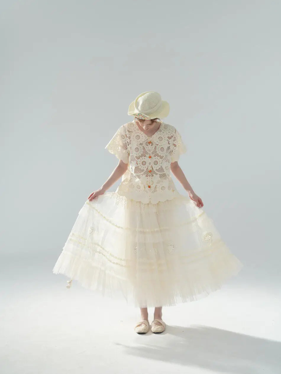 The Palais Cutwork Blouse | Summer Lace Shirt | Handmade 3D Floral All-Over Embroidered Turn-Down Collar Blouse | Parisian Princess