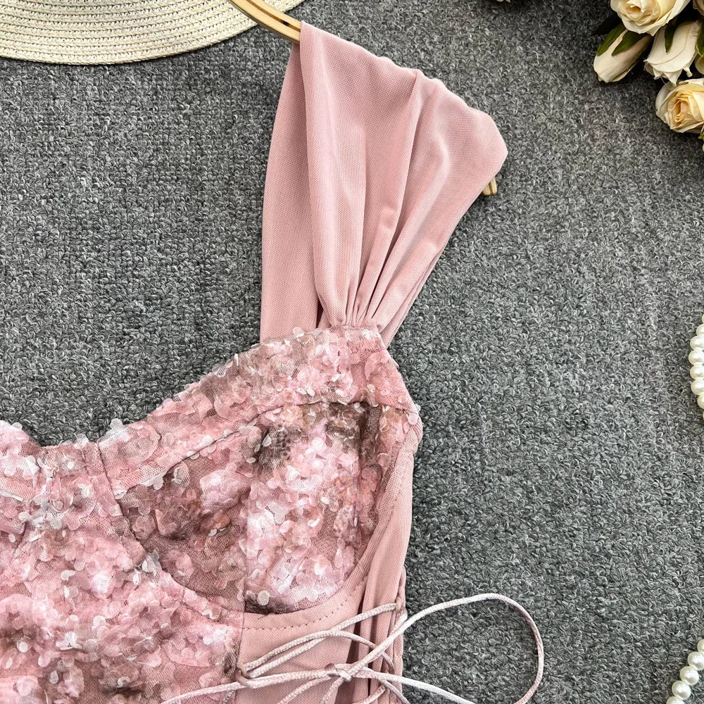 Flower Lace Tank Top Fish Bone Crop Design Inner Strap French Tube Tops Y2k Cute Pink Corset Summer Wear