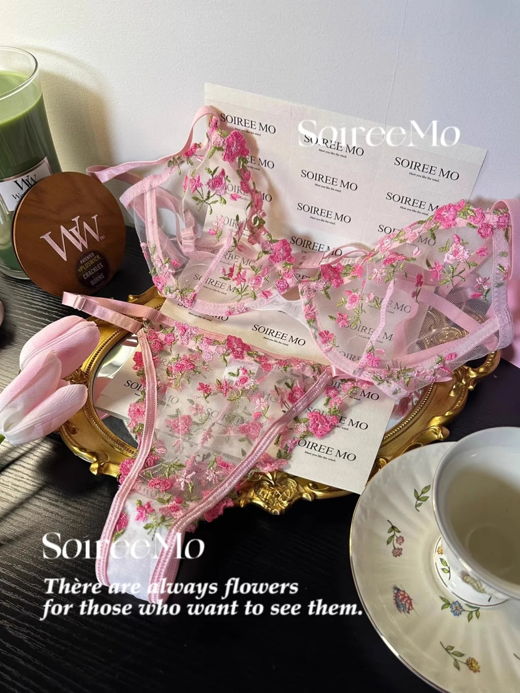 Parisian French Lingerie Set Sheer Tulle, Pink Floral Embroidery Bra Bralette, Sexy Pure Matching Set BANERDANNI Sexy Tushy Bras