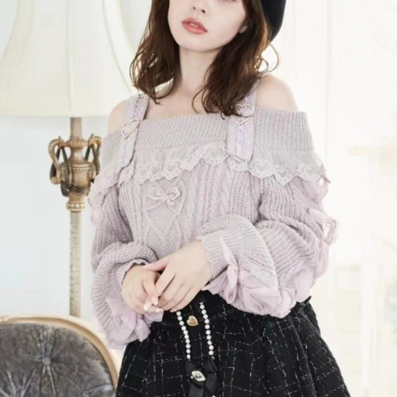 The Trianon Fairy Ribbon Knit | Vintage Sweet Lolita Off-Shoulder Pullover | Cute Lace Ruffle Bow Sweater | Parisian Princess