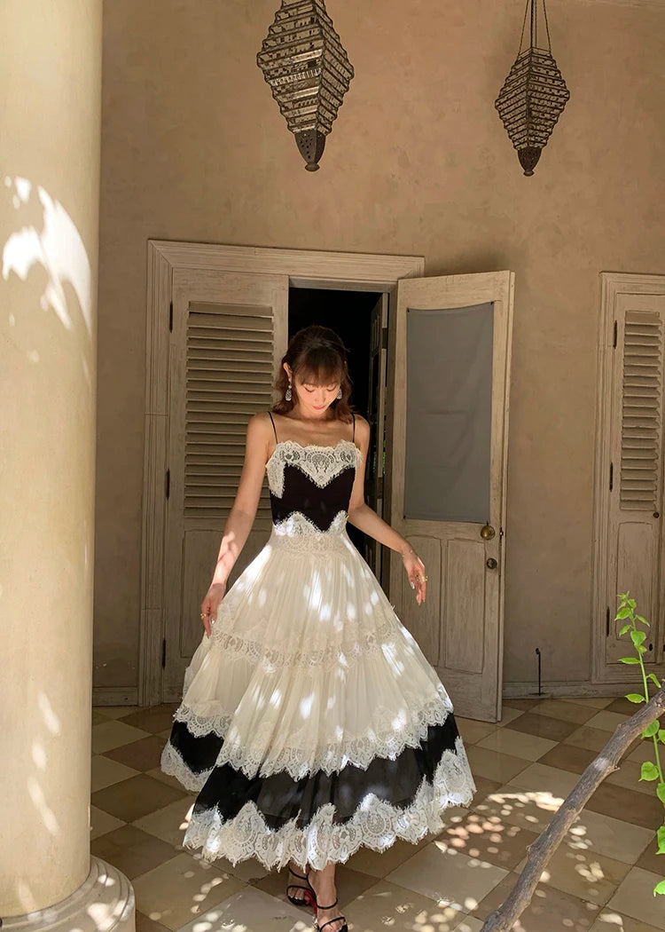 The Midnight Shore Gown | Gothica Summer Holiday Suspenders Dress | Backless Lace Patchwork Vacation Sling | Parisian Princess