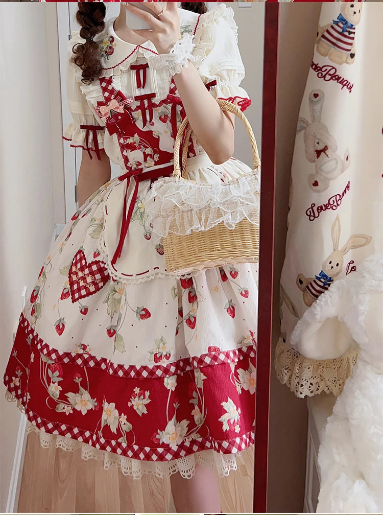 Parisian Cottagecore Original Strawberry Embroidery Cute Apron Soft Girl Sweet Lolita Dress Versatile Apron Women's Y2k Accessories